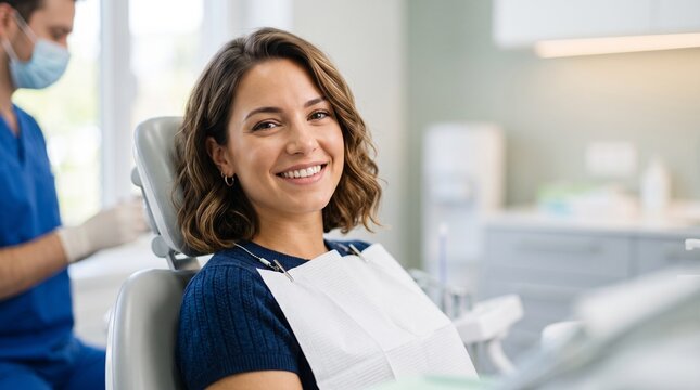 Portrait of a lovely young woman smiling in a dental chair with bib on, doctor working blurred in background. High quality medical service, routine stomatology, and oral care concept.