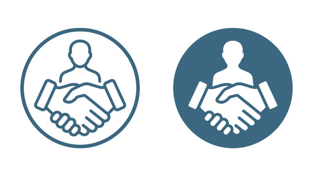 Business Partnership Icon: A clear and concise icon representing a business partnership, featuring two hands shaking in a gesture of agreement and trust, within circular frames.