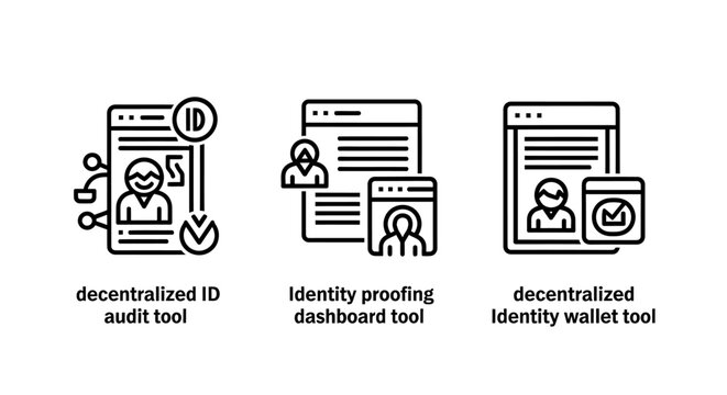 Decentralized identity verification and digital security management tool icon set with identity verification decentralized security dashboard authentication blockchain management technology