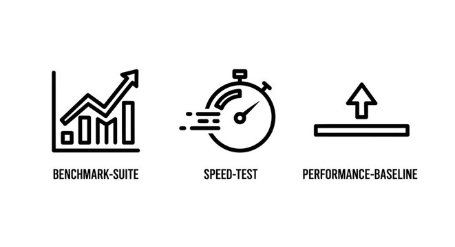 Benchmark performance testing and data analytics line icons with benchmark performance analytics baseline stopwatch business statistics optimization efficiency analysis information software