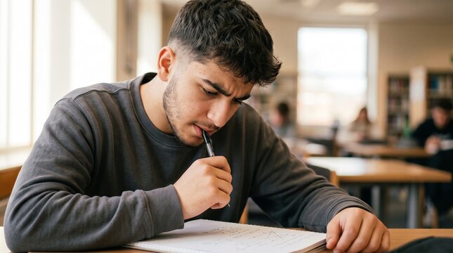 Focused Hispanic student working on assignment in university library. Serious male college student studying and writing in notebook.