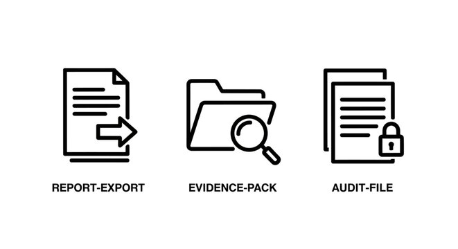 Set of office business icons representing report export evidence pack audit file with evidence document security business management compliance verification information organization analysis