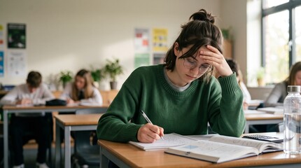 Fototapeta premium Stressed teenage girl sitting at desk holding hand on forehead during difficult test in school. Concentrated female student writing in notebook in classroom. Education exam pressure.