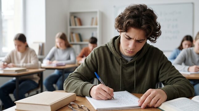 Focused teenage boy student writing in notebook sitting at desk in high school classroom with pupils background