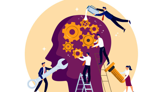 Professional team members working together to repair and maintain the complex golden gears inside a large purple human head silhouette using tools and creative strategic thinking