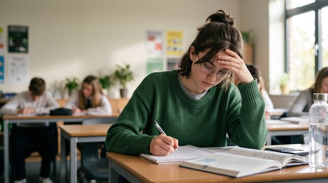 Stressed teenage girl sitting at desk holding hand on forehead during difficult test in school. Concentrated female student writing in notebook in classroom. Education exam pressure.