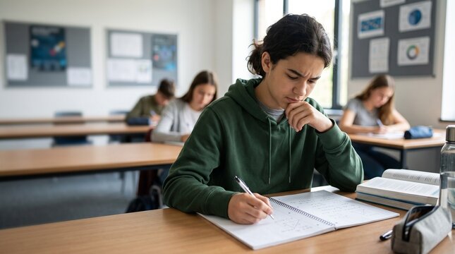 Focused teen student writing in notebook during high school math class. Concentrated young boy study in classroom, preparing for exam test. Concentrated education and academic learning concept.