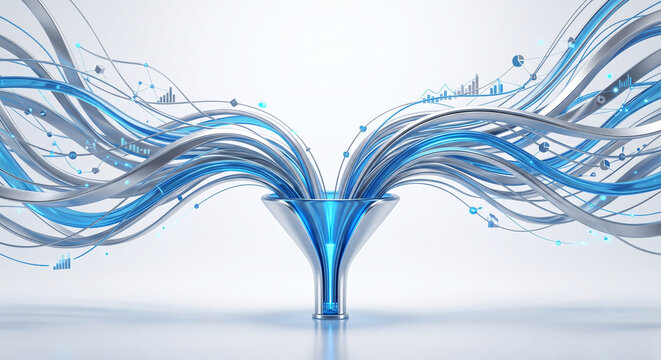 "An abstract 3D render of smooth, interconnected streams of financial data flowing into a funnel, representing big data analytics in the stock market, metallic silver and electric blue color palette, 