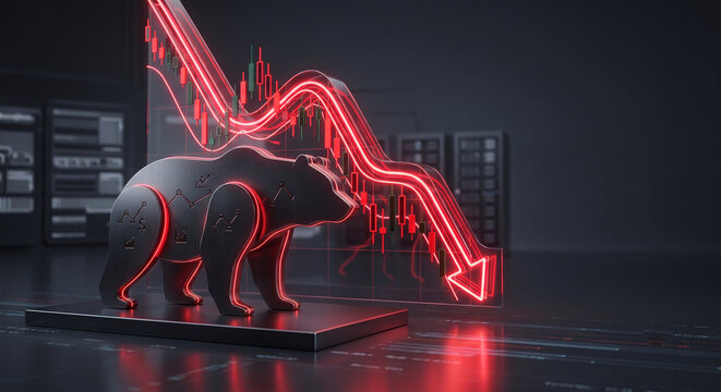 "A stylized 3D render of an abstract bear silhouette, crafted from dark matte metal with red neon highlights, looking toward a downward-trending candlestick chart, soft rim lighting, 