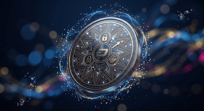 "Close-up 3D render of a premium physical-style coin floating in a void, intricate geometric patterns engraved on the surface, soft glowing light particles surrounding it, bokeh background,