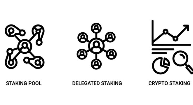 Set of cryptocurrency staking and network participation icons with cryptocurrency blockchain delegated decentralized investment analysis magnifier distributed technology portfolio validation