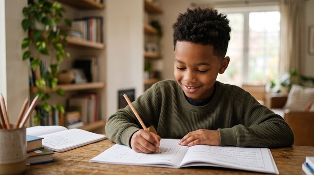 Smiling young black boy writing in textbook focusing on homework task at wooden table. Diligent school kid studying at home, elementary education, early learning and smart child concept.