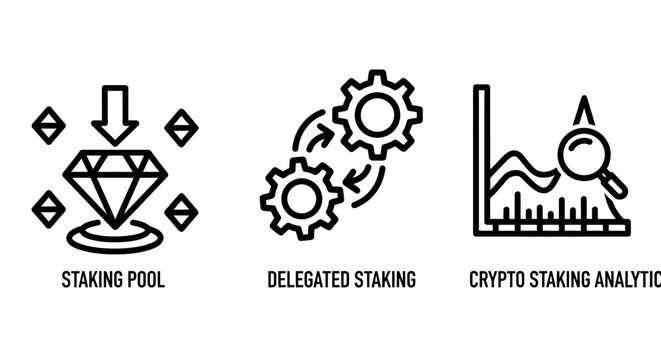 Staking pool delegated staking and crypto analytic icons with delegated analytic blockchain currency investment transaction decentralized business technology magnifying management security