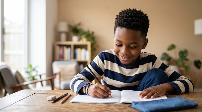 Happy African American schoolboy smiling and writing math exercises in notebook at home desk, cheerful black child doing homework studying distance education e-learning, smart boy learning