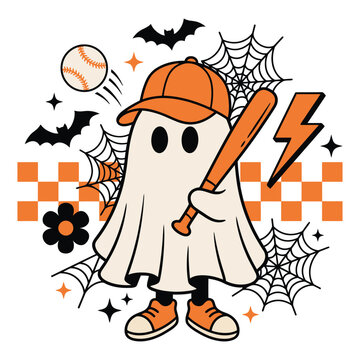 Cute Halloween Baseball Ghost with Bat and Spider Webs Retro Sports Vector Illustration