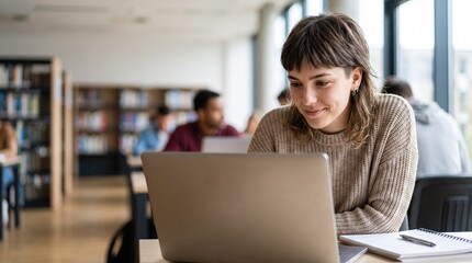 Naklejka premium Happy young woman looking at laptop screen in university library studying for exams online education female student learning lesson college classroom academic research digital knowledge