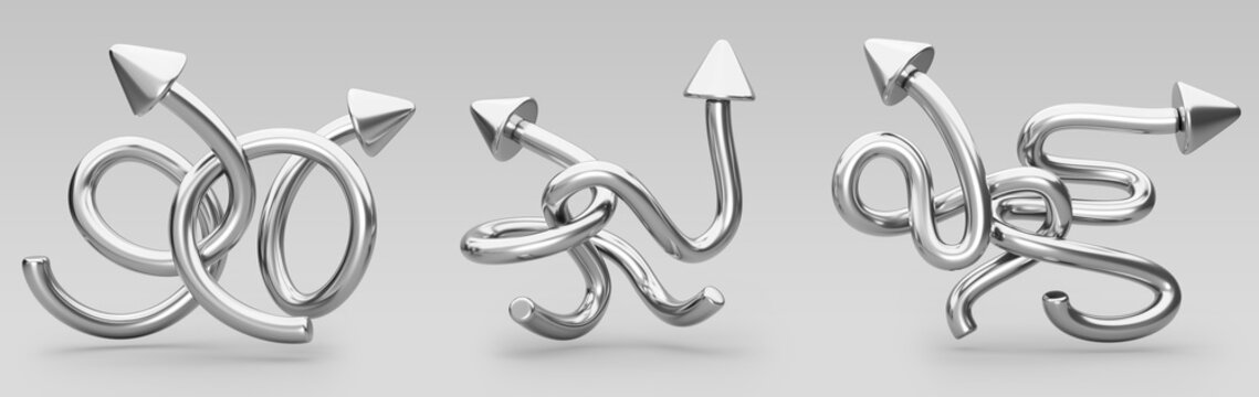 3d set of liquid chrome y2k arrow render icon. Silver metal pointers in curved, twisted, spiral shapes. Business infographic elements, problem solution, confusion, directions in maze. 3D illustration