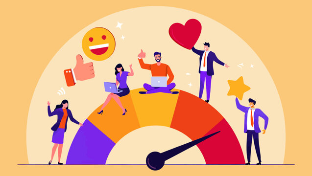 Business professionals stand on a colorful performance gauge representing high customer satisfaction levels with various digital feedback icons floating around their modern flat design workplace scene