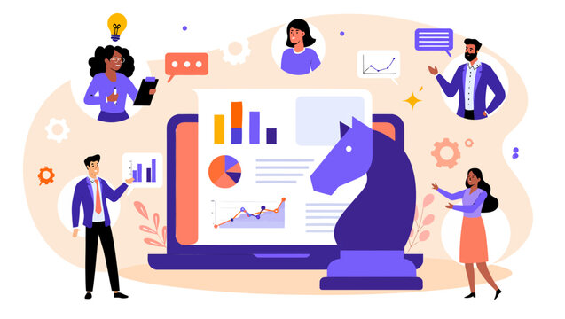 Diverse business team members working together on corporate strategy development while using digital laptop displays with colorful charts and a large purple knight chess piece icon