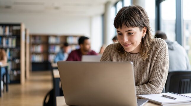 Happy young woman looking at laptop screen in university library studying for exams online education female student learning lesson college classroom academic research digital knowledge