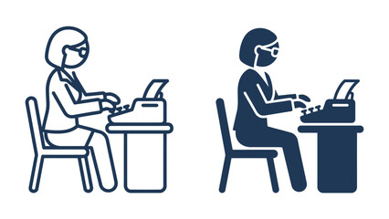 Fototapeta premium Typing Away: A silhouette illustration of a woman in professional attire seated at a desk, diligently typing on a vintage typewriter, symbolizing work, history, and dedication.