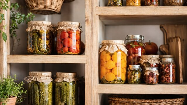 Jars of pickled vegetables and fruits arranged on wooden shelves  