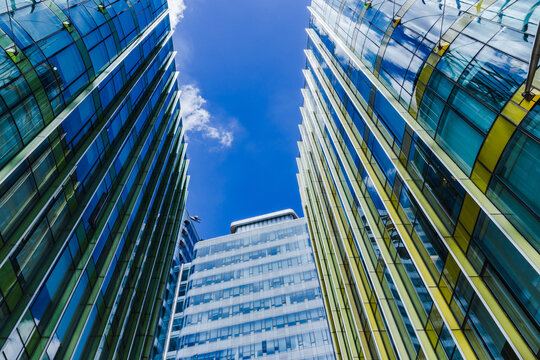 Shanghai Bund Modern Office Buildings with Blue Glass Facades