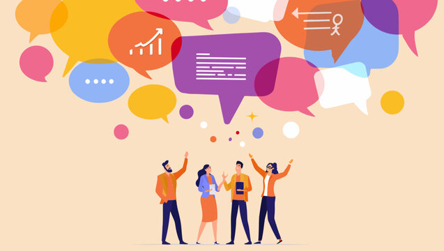 Diverse professional business team members standing together while engaging in creative collaboration and effective communication surrounded by colorful floating speech bubbles on a light beige 