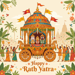 Obraz premium Happy Rath Yatra Festival with Deities in Decorated Chariot and Devotees Pulling