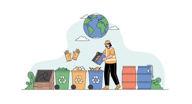 Person sorting recycling into bins with planet earth illustration.