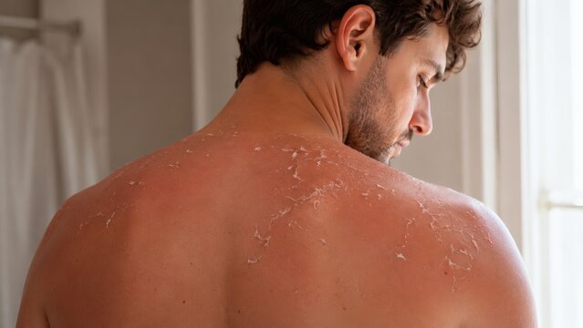 Man's skin peels off after sunbathing showing sunburned back  