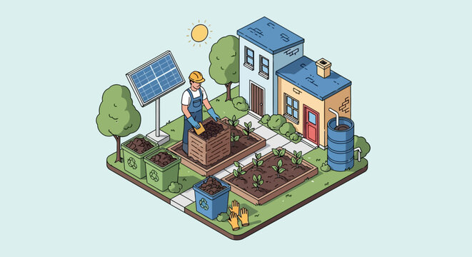 Sustainable living with solar power and urban gardening.