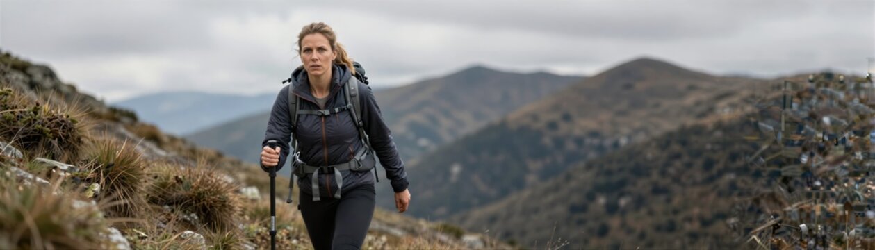 Captures Middle Aged Woman With Fair Skin Determined As Treks Mountain Trail Dressed In Outdoor Hiking Attire Including Dark Colored