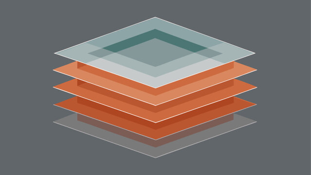 Geometric layers, stacked squares, orange and gray gradient, abstract design elements, vector graphics