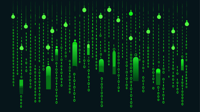 Green code, binary data, digital matrix, tech background, coding elements