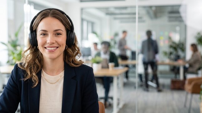 Portrait of smiling young businesswoman wearing headphones looking at camera with open plan office background