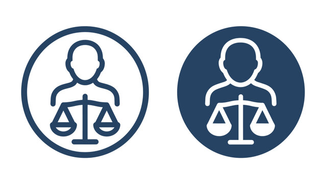 Justice Symbol Icon: A minimalist icon depicting a person holding a balance scale, representing justice, law, and legal matters. This symbol is presented in two styles, outline and solid.
