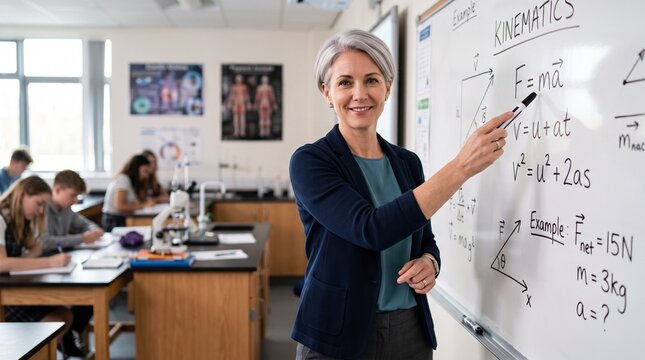 Confident smiling mature female teacher pointing at whiteboard teaching physics kinematics to students in classroom