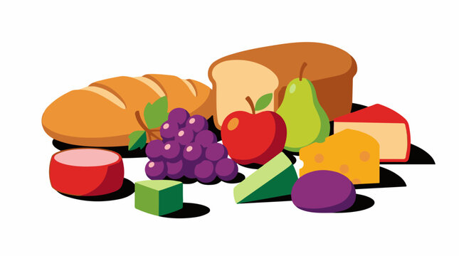 A colorful assortment of bread fruits and cheeses arranged together