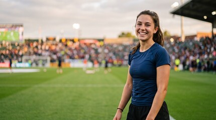 Fototapeta premium Happy female soccer player smiling on football stadium after dynamic team training match during summer evening sport practice with bright stadium lights blurred