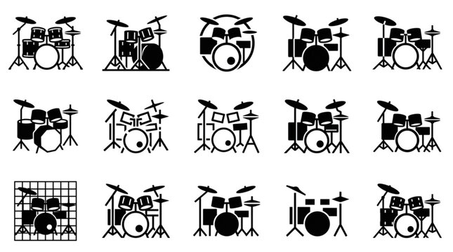 Collection of Drum Set Icons for Music and Entertainment.