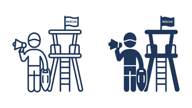 Lifeguard Station Icon: A clear and concise icon representing a lifeguard standing beside a watchtower, equipped with a megaphone and rescue buoy, signaling preparedness and safety.