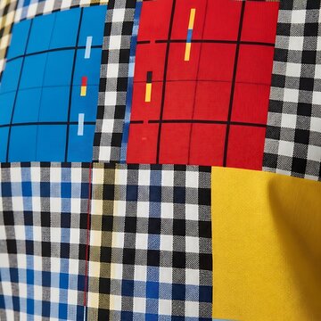 Colorful Patchwork Quilt with Geometric Patterns and Checkered Design.