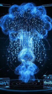 Digital mushroom cloud explosion made of binary data and particles on high tech HUD interface