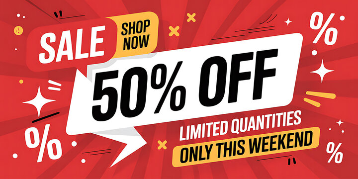 Red background with dynamic white banner announcing 50 percent off sale limited quantities shop now