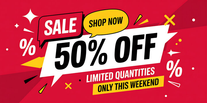 Red background with sale announcement 50 percent off limited quantities only this weekend