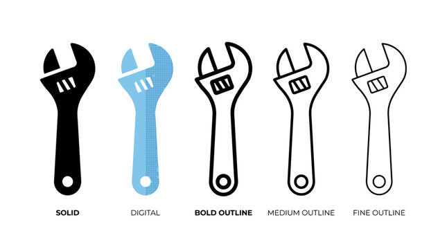 Minimalist vector illustration of adjustable wrench icons, varied outline styles and solid fills, aligned horizontally, emphasizing design consistency and variation.