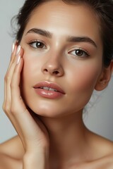 Obraz premium Close up portrait of a beautiful young woman with natural makeup touching her cheek.