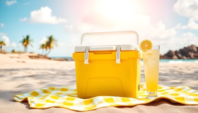 Yellow cooler box on tropical beach with drink and checkered blanket under summer sun