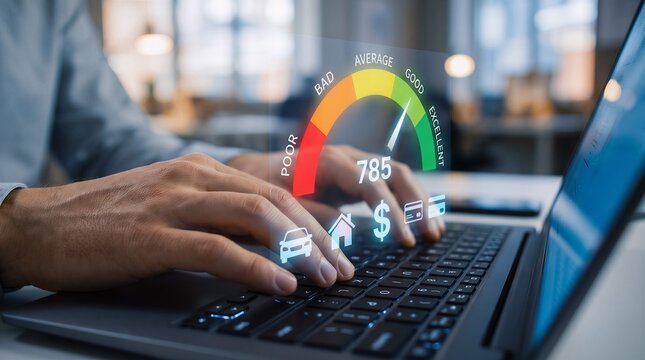 Person checking personal credit score using laptop with digital gauge and financial icons showing high credit rating financial investment keyboard technology